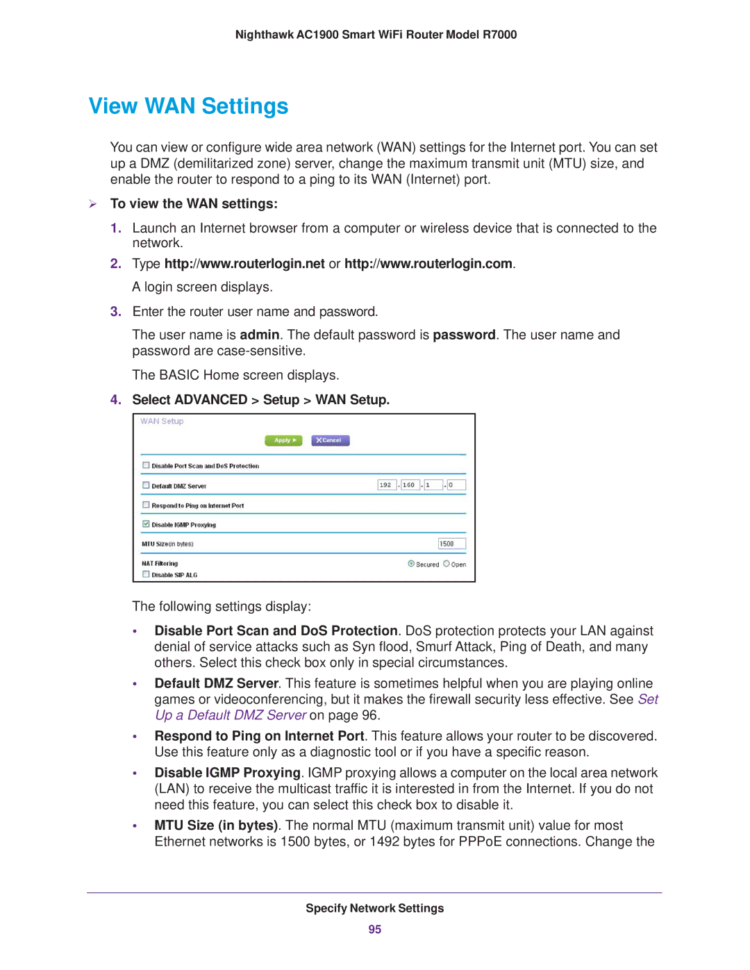 NETGEAR R7000 user manual View WAN Settings,  To view the WAN settings 