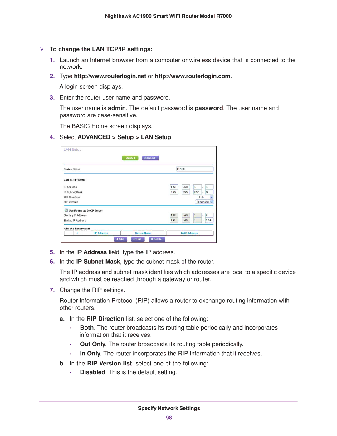 NETGEAR R7000 user manual  To change the LAN TCP/IP settings 