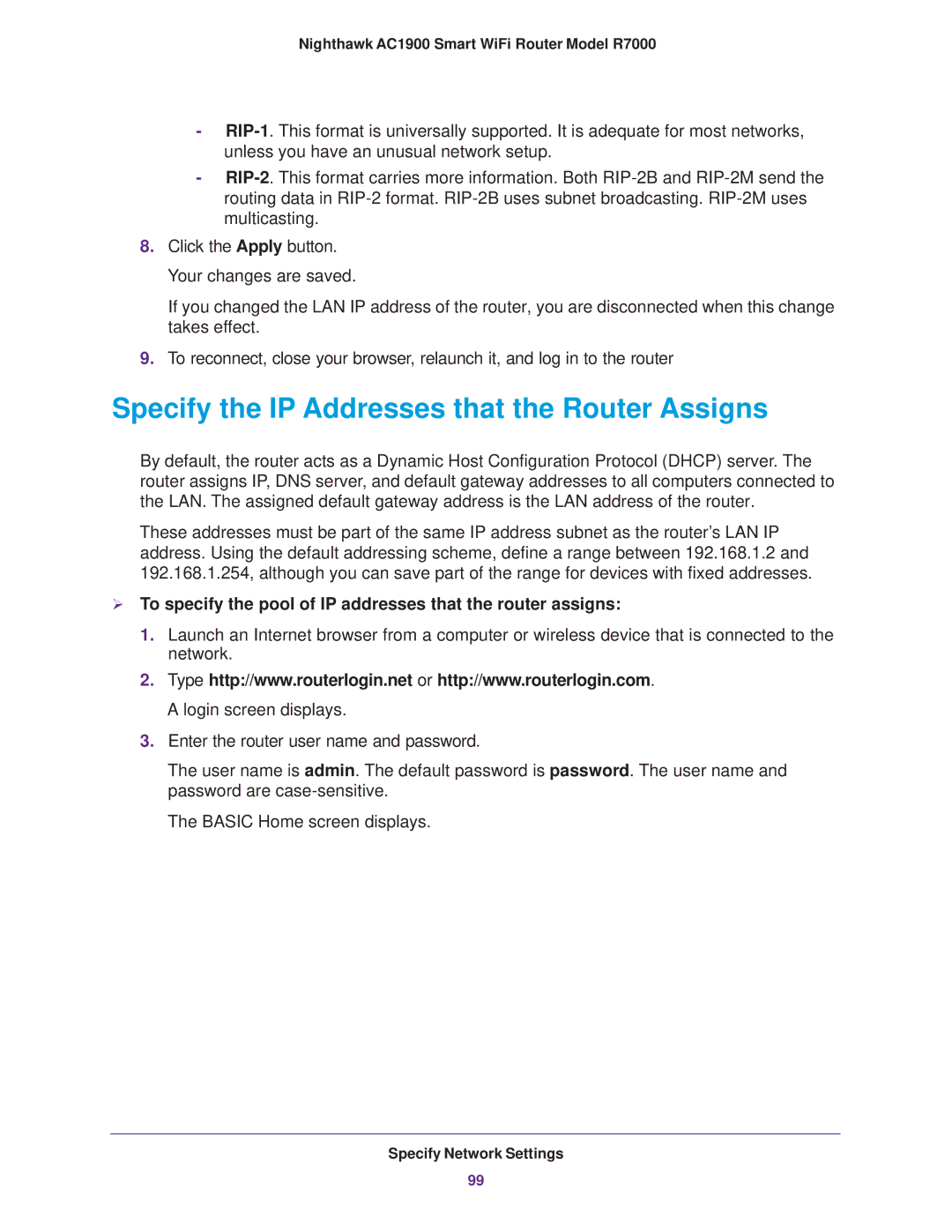 NETGEAR R7000 user manual Specify the IP Addresses that the Router Assigns 