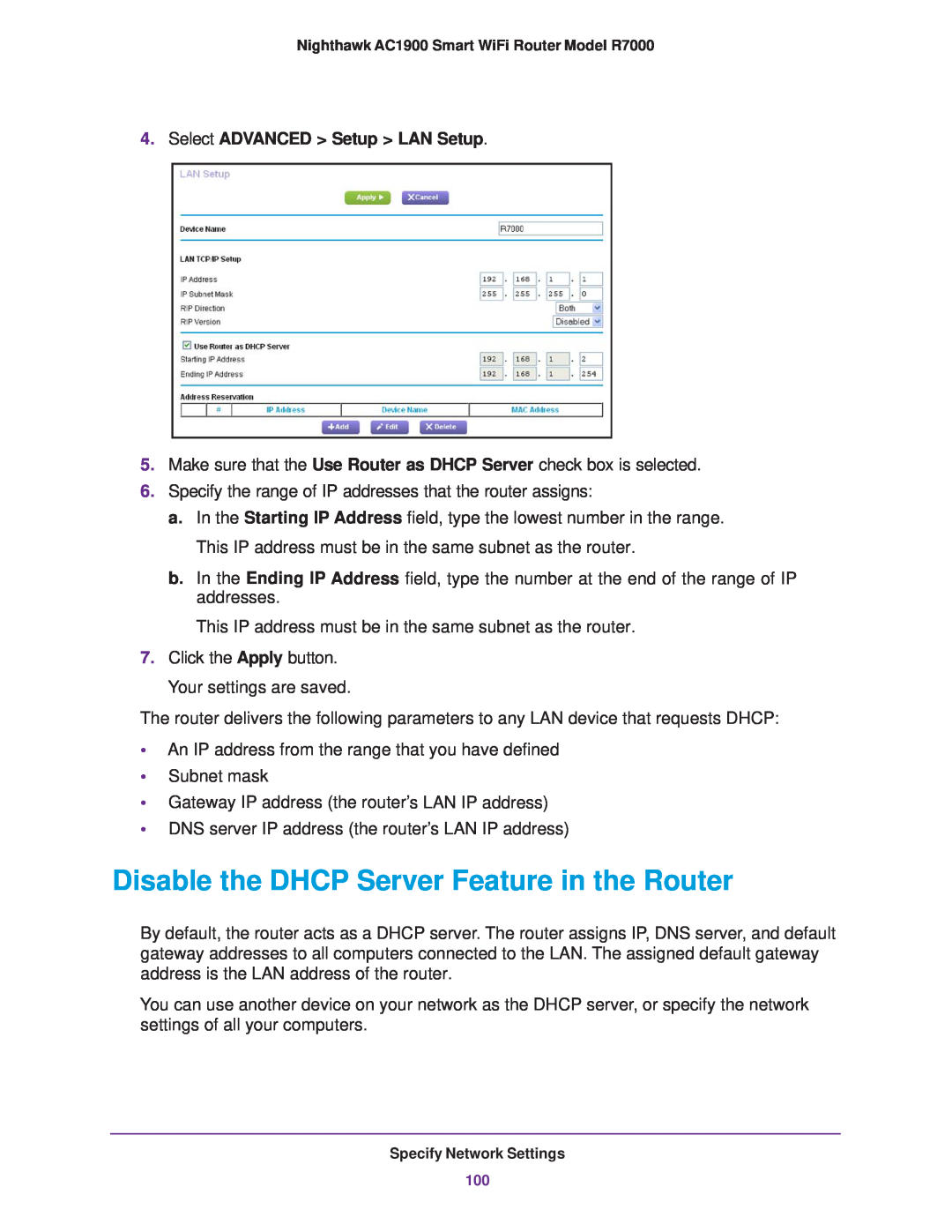 NETGEAR R7000 user manual Disable the DHCP Server Feature in the Router, Select ADVANCED Setup LAN Setup 