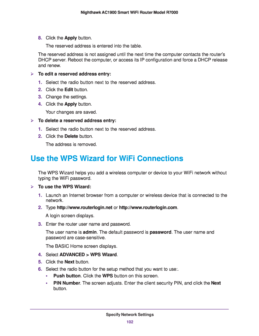 NETGEAR R7000 Use the WPS Wizard for WiFi Connections,  To edit a reserved address entry,  To use the WPS Wizard 