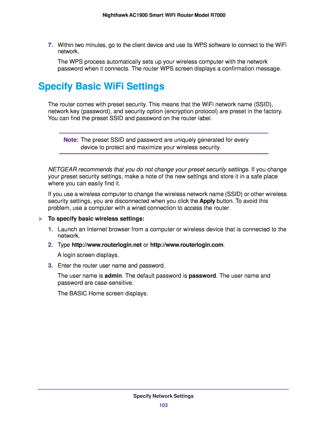NETGEAR R7000 user manual Specify Basic WiFi Settings,  To specify basic wireless settings 