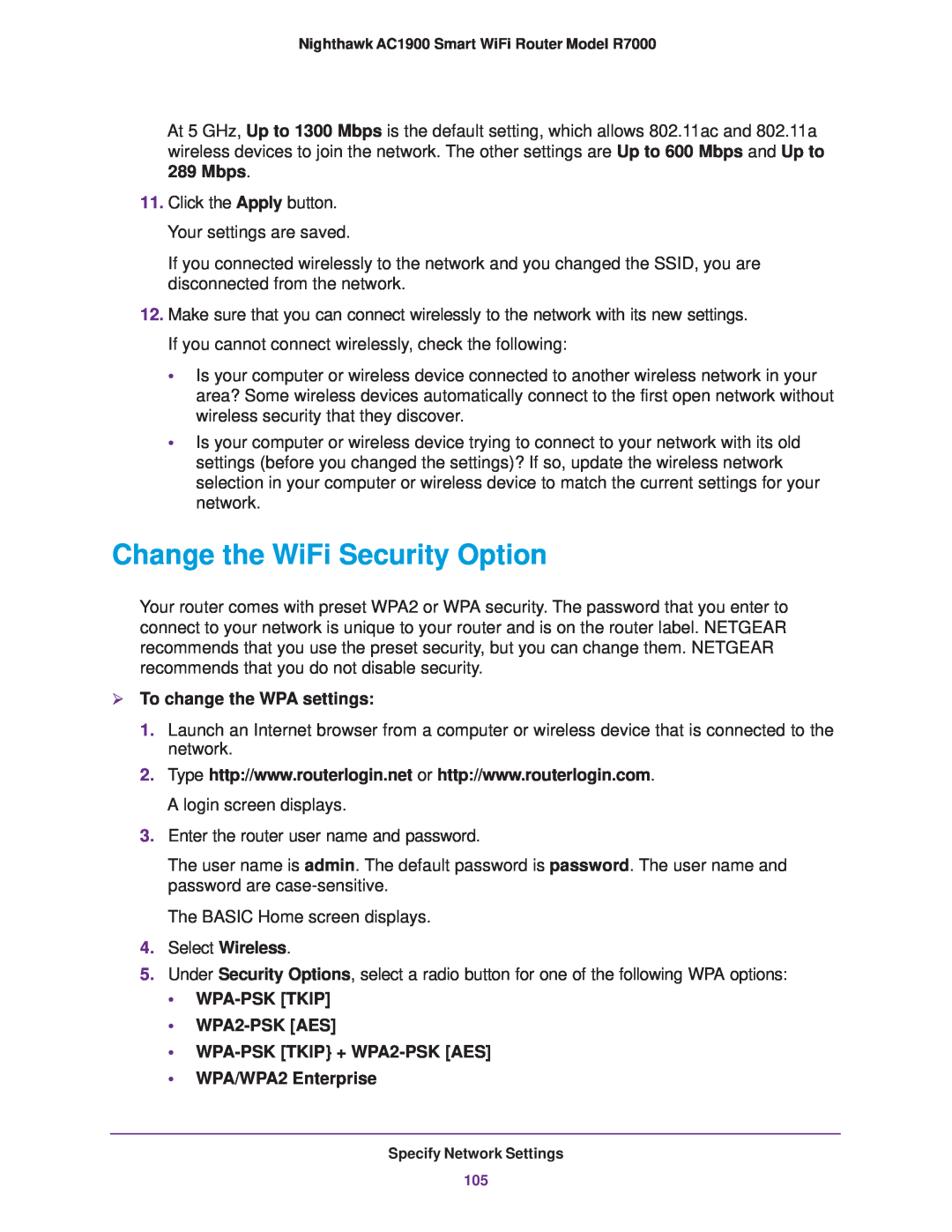 NETGEAR R7000 user manual Change the WiFi Security Option, Mbps,  To change the WPA settings, WPA/WPA2 Enterprise 