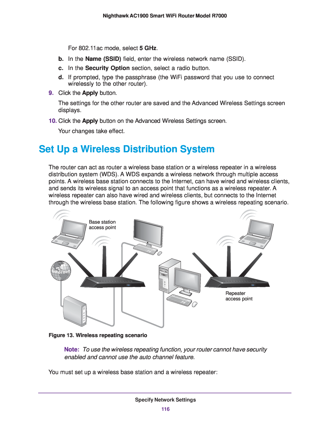 NETGEAR R7000 user manual Set Up a Wireless Distribution System, Base station access point Repeater access point 
