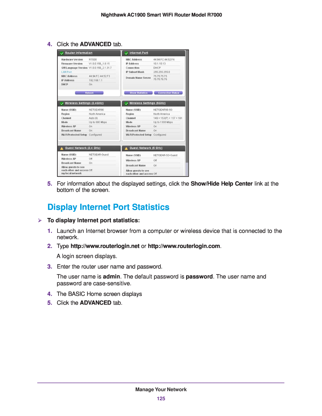 NETGEAR R7000 user manual Display Internet Port Statistics,  To display Internet port statistics 