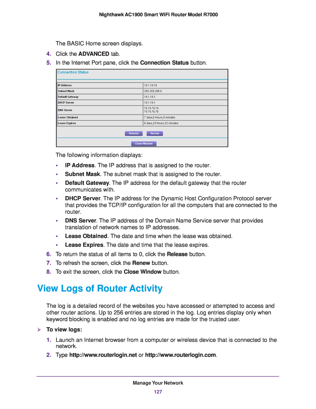 NETGEAR R7000 user manual View Logs of Router Activity,  To view logs 