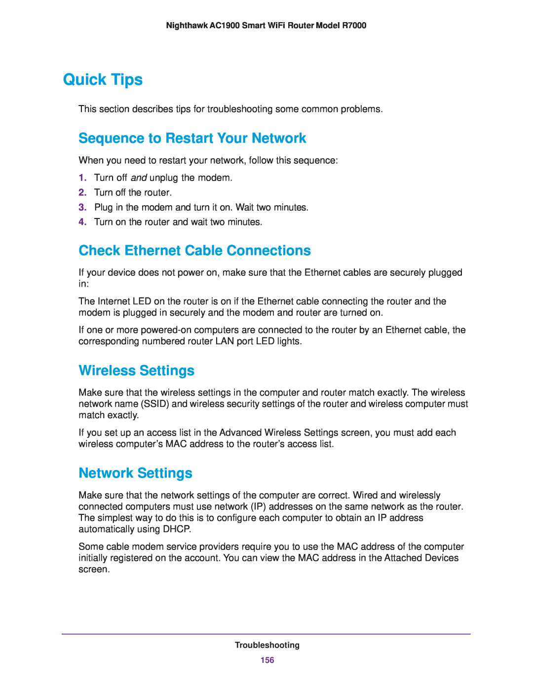 NETGEAR R7000 user manual Quick Tips, Sequence to Restart Your Network, Check Ethernet Cable Connections, Wireless Settings 
