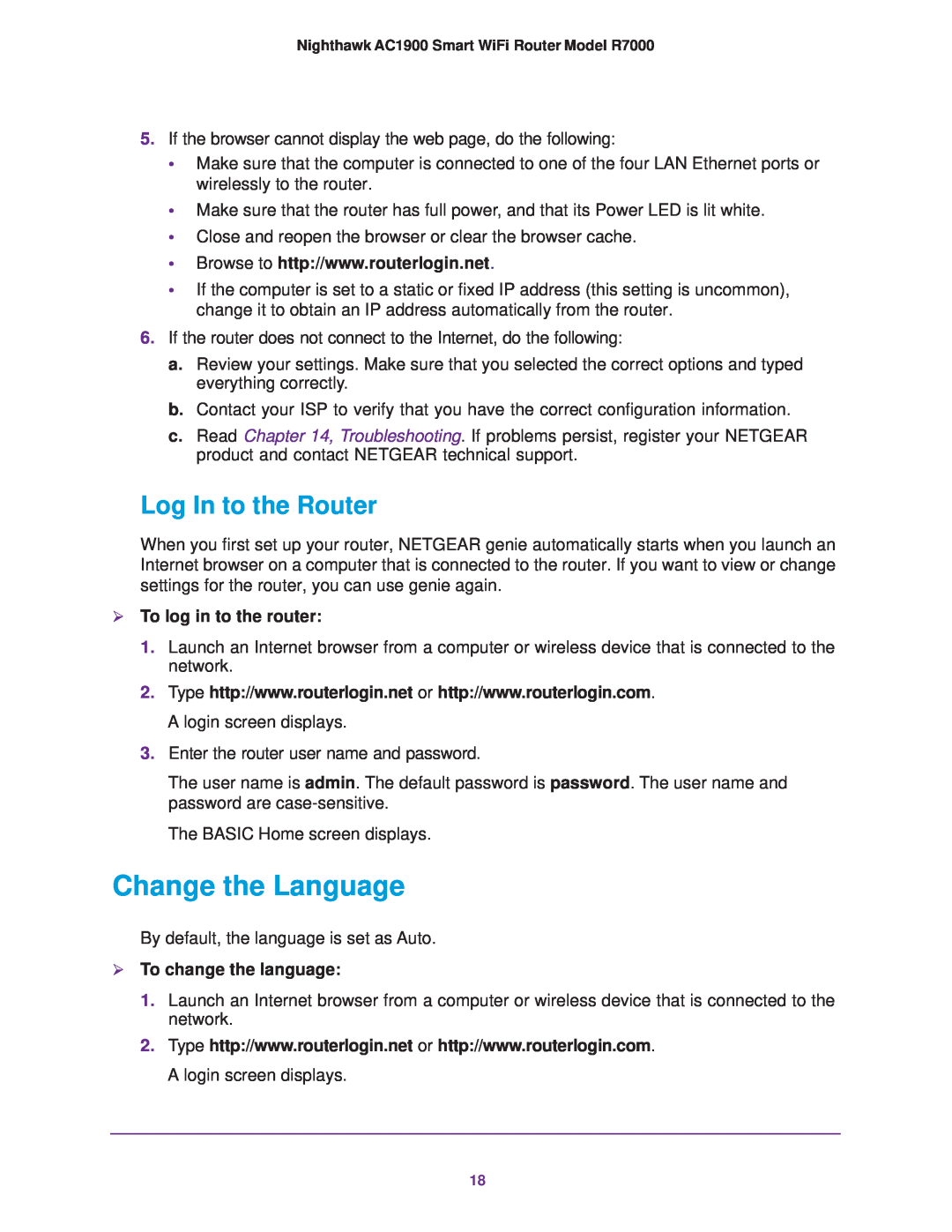 NETGEAR R7000 user manual Change the Language, Log In to the Router,  To log in to the router,  To change the language 
