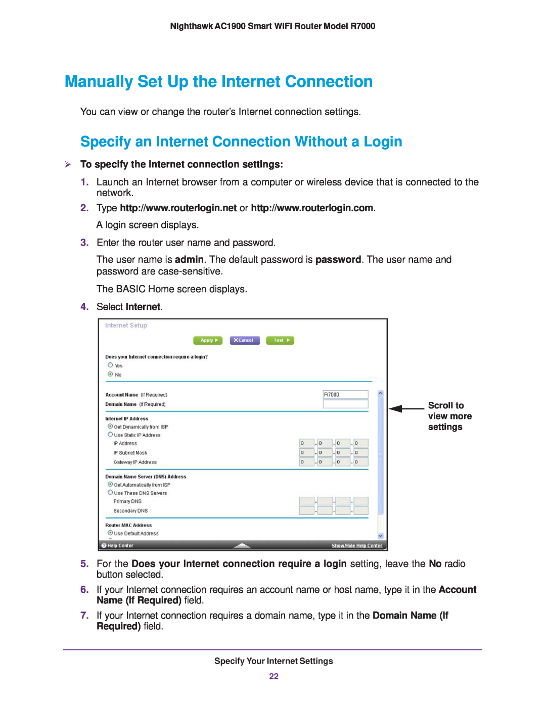 NETGEAR R7000 user manual Manually Set Up the Internet Connection, Specify an Internet Connection Without a Login 