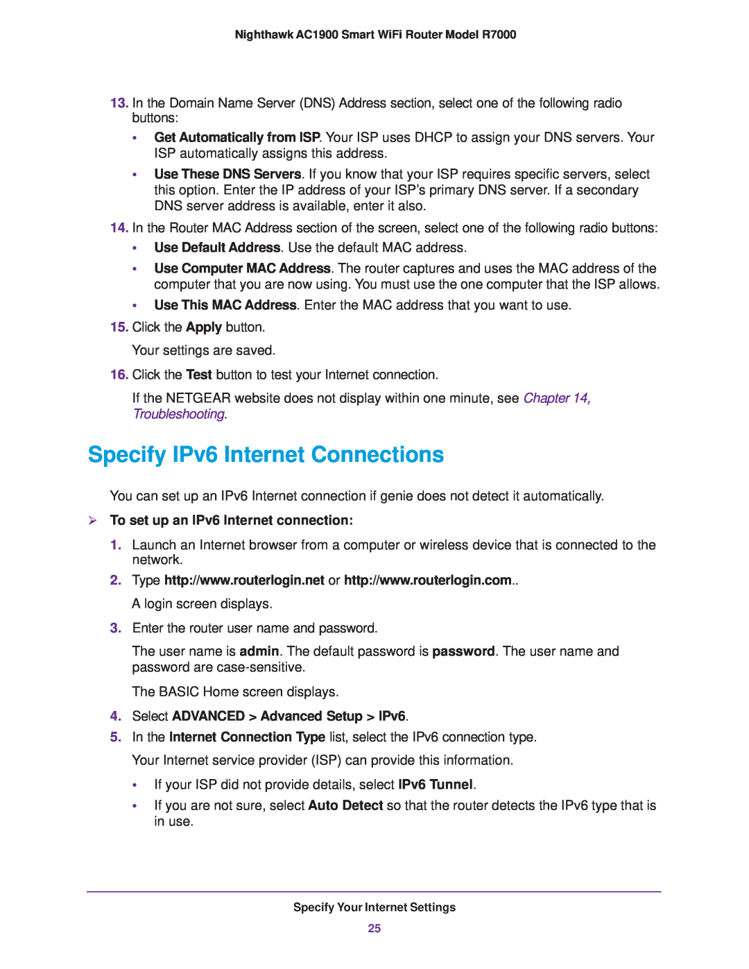 NETGEAR R7000 user manual Specify IPv6 Internet Connections,  To set up an IPv6 Internet connection 