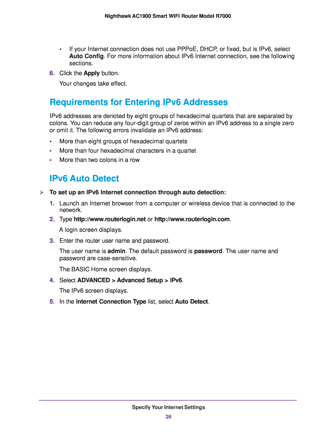 NETGEAR R7000 user manual Requirements for Entering IPv6 Addresses, IPv6 Auto Detect 