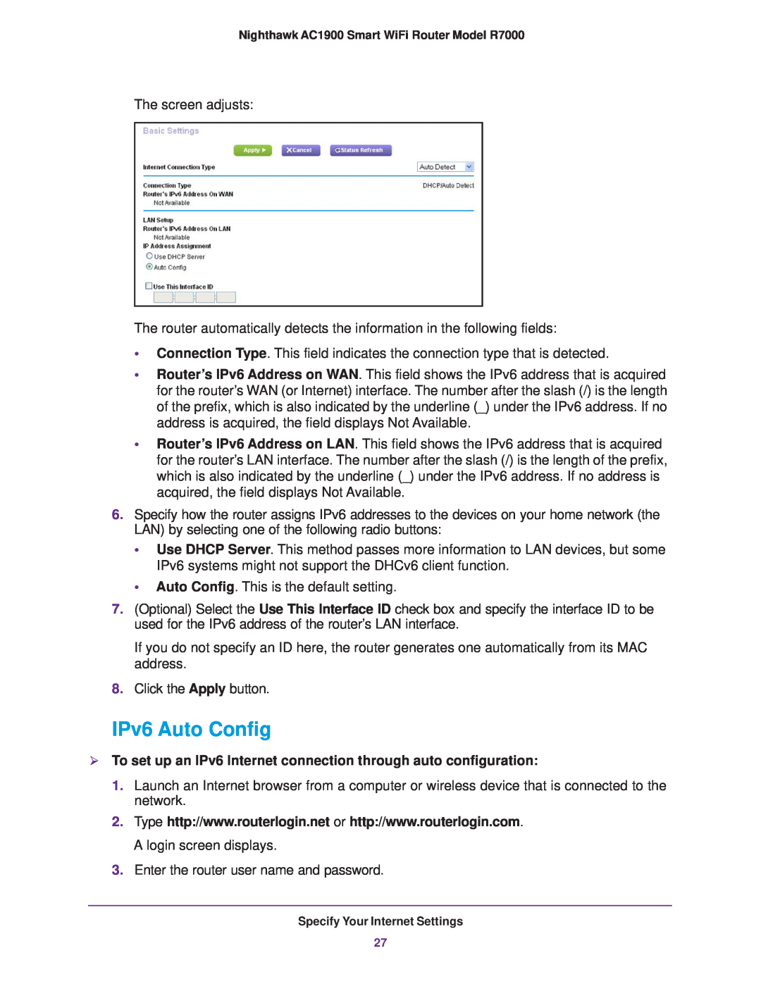 NETGEAR R7000 user manual IPv6 Auto Config,  To set up an IPv6 Internet connection through auto configuration 