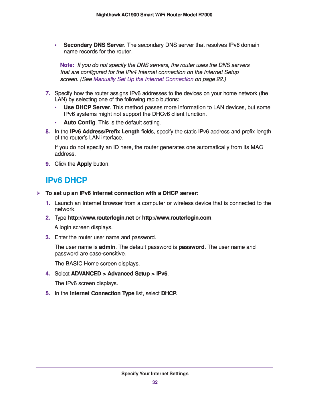 NETGEAR R7000 user manual IPv6 DHCP,  To set up an IPv6 Internet connection with a DHCP server 