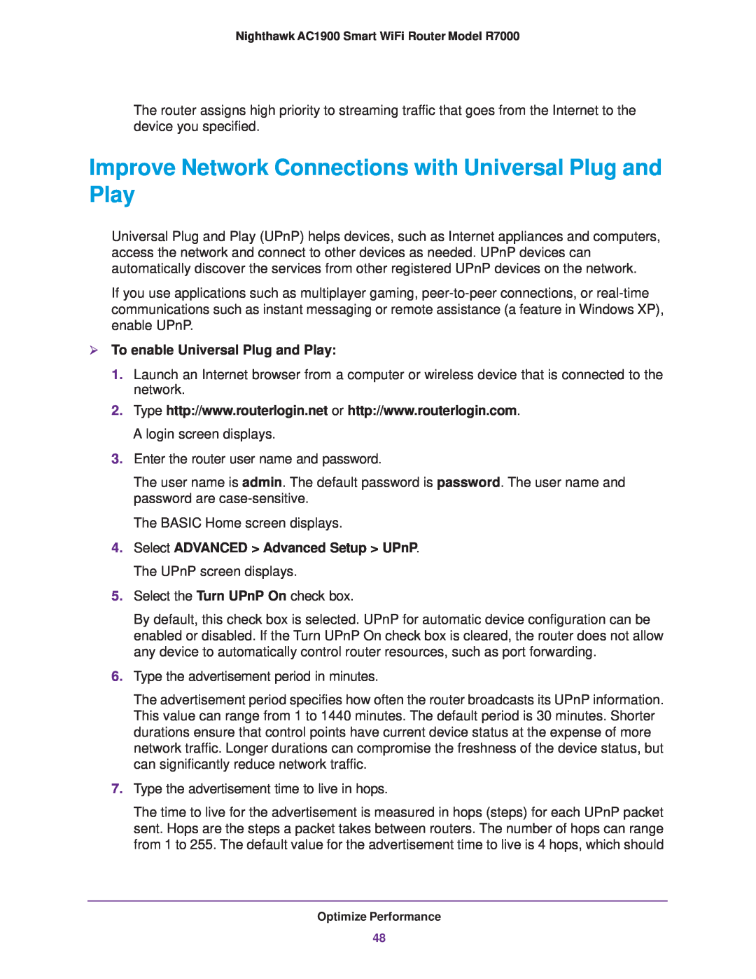 NETGEAR R7000 user manual Improve Network Connections with Universal Plug and Play,  To enable Universal Plug and Play 