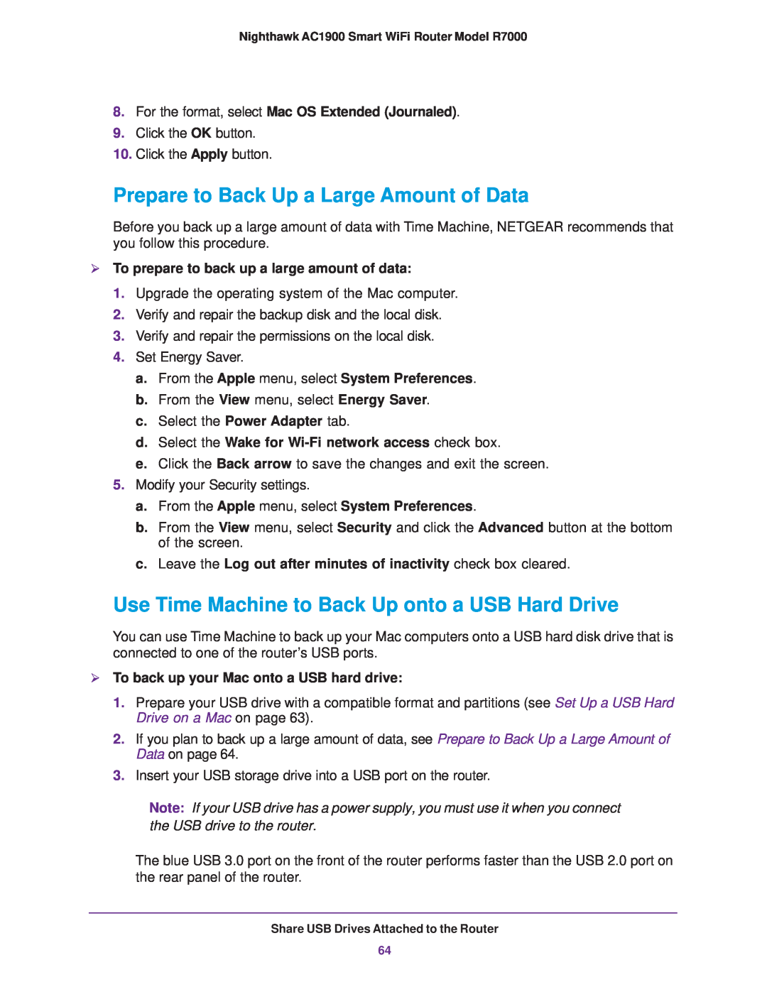 NETGEAR R7000 user manual Prepare to Back Up a Large Amount of Data, Use Time Machine to Back Up onto a USB Hard Drive 