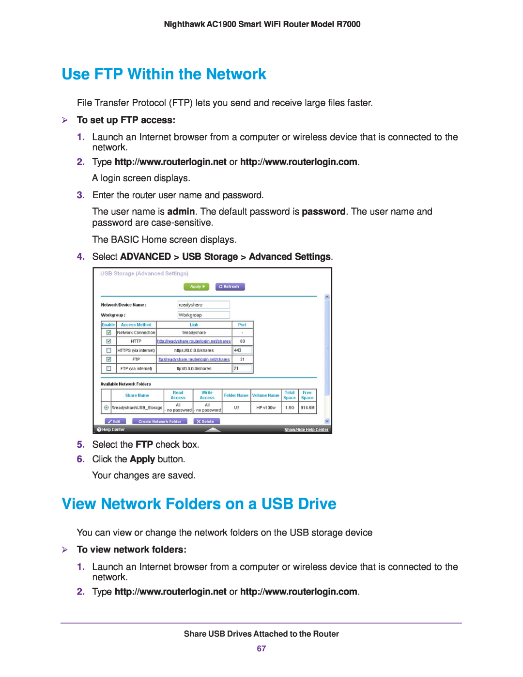 NETGEAR R7000 user manual Use FTP Within the Network, View Network Folders on a USB Drive,  To set up FTP access 