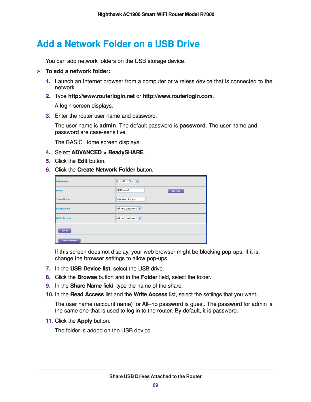 NETGEAR R7000 user manual Add a Network Folder on a USB Drive,  To add a network folder, Select ADVANCED ReadySHARE 