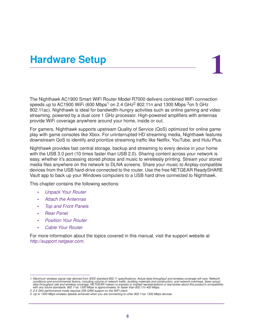 NETGEAR R7000 user manual Hardware Setup, Unpack Your Router Attach the Antennas Top and Front Panels 