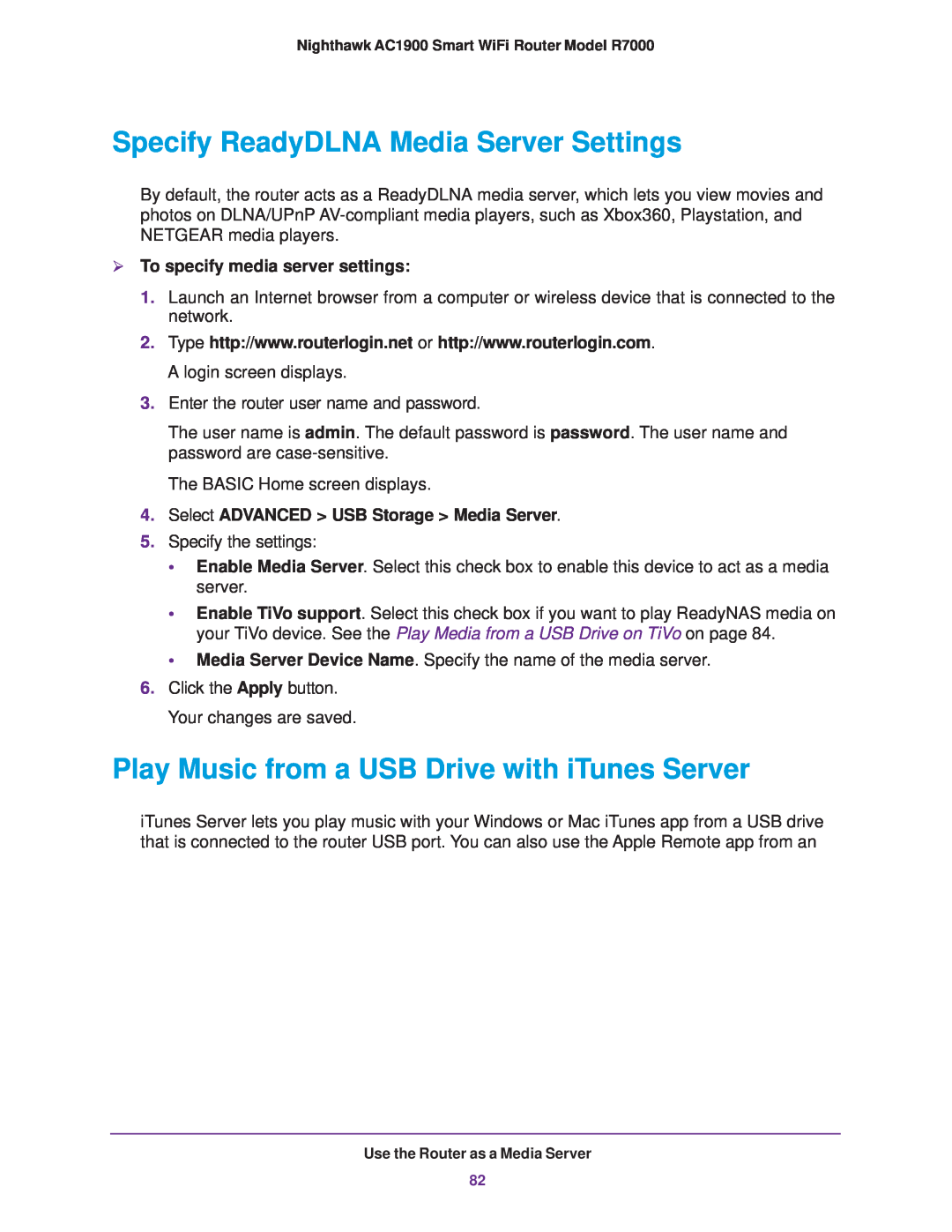 NETGEAR R7000 user manual Specify ReadyDLNA Media Server Settings, Play Music from a USB Drive with iTunes Server 