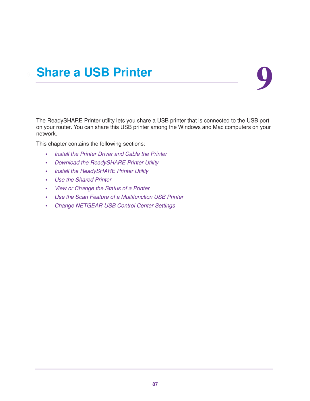 NETGEAR R7000 user manual Share a USB Printer, Install the Printer Driver and Cable the Printer 
