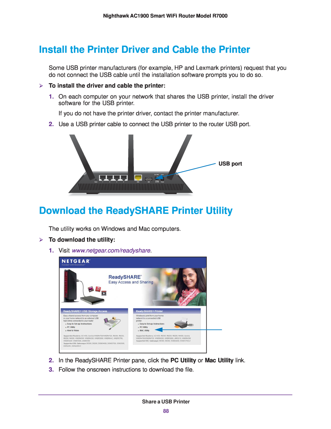 NETGEAR R7000 user manual Install the Printer Driver and Cable the Printer, Download the ReadySHARE Printer Utility 