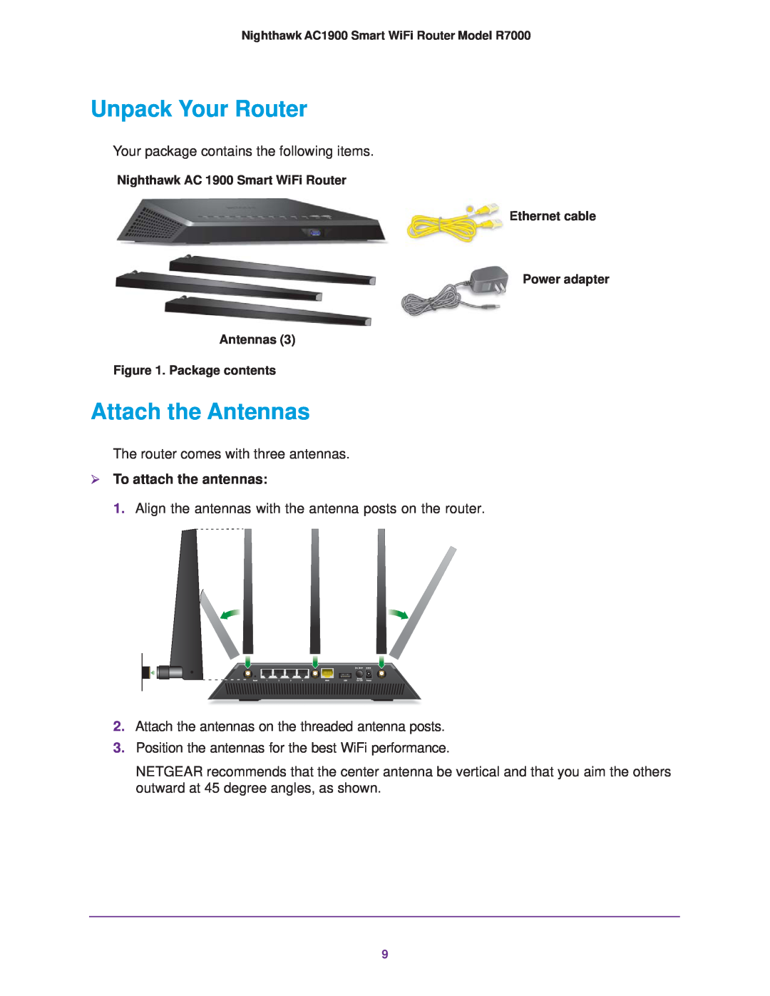 NETGEAR R7000 user manual Unpack Your Router, Attach the Antennas,  To attach the antennas 