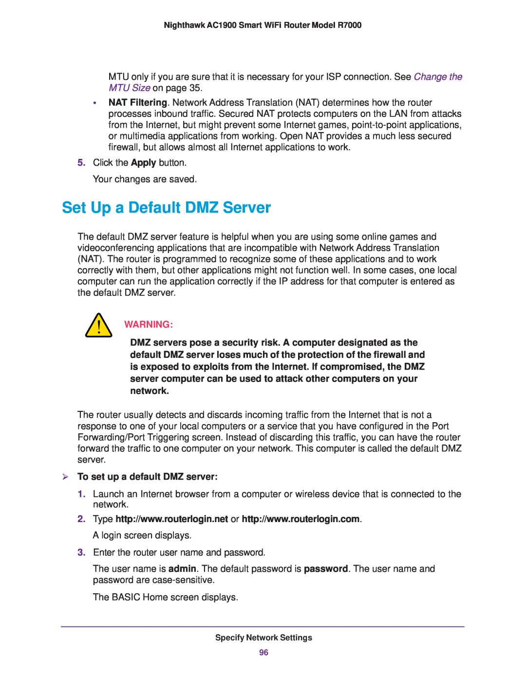 NETGEAR R7000 user manual Set Up a Default DMZ Server,  To set up a default DMZ server 