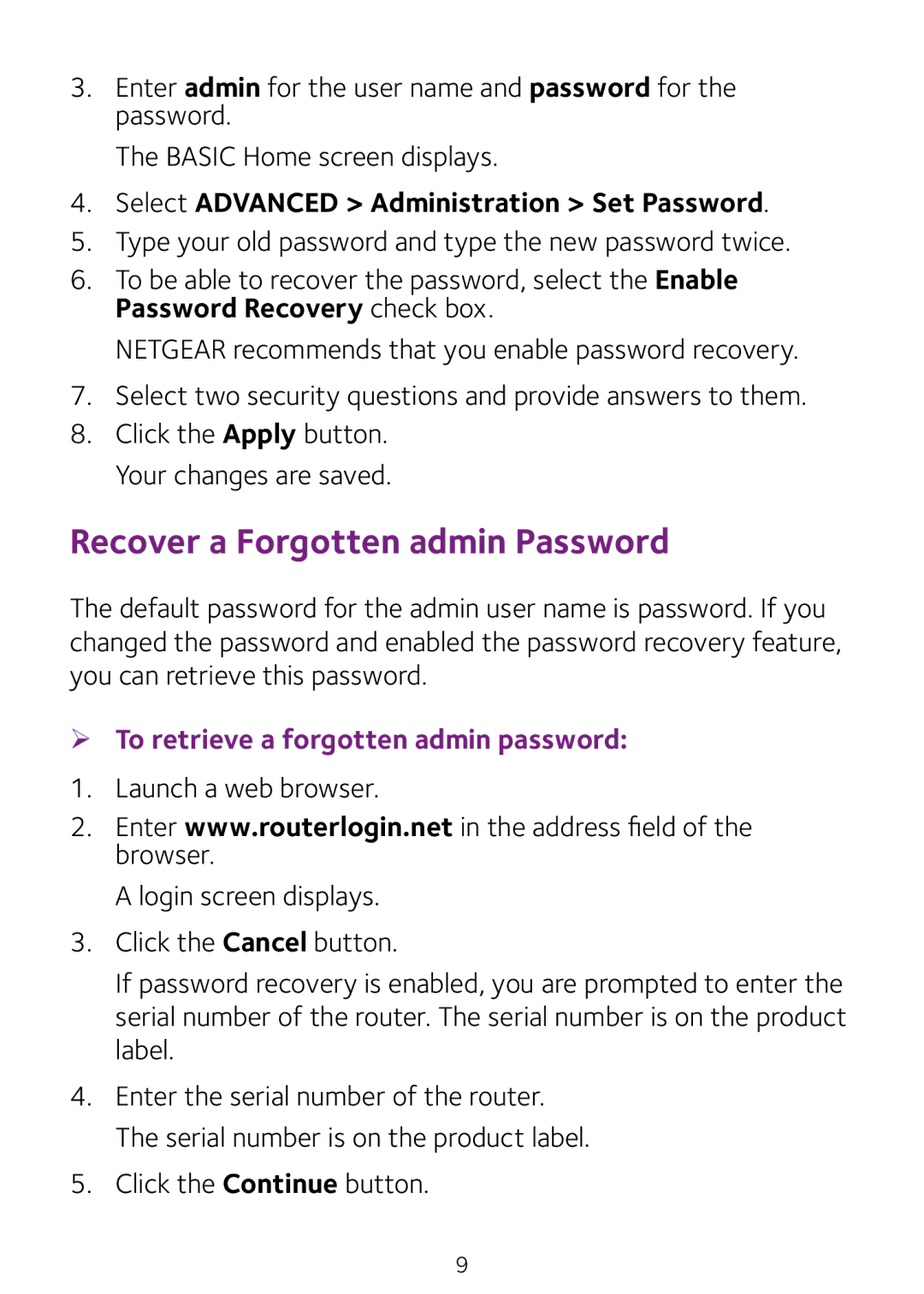 NETGEAR R8000 quick start Recover a Forgotten admin Password, Select Advanced Administration Set Password 