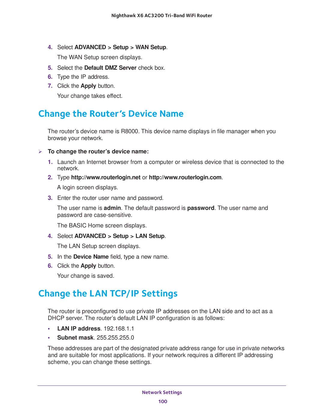 NETGEAR R8000 Change the Router’s Device Name, Change the LAN TCP/IP Settings,  To change the router’s device name 