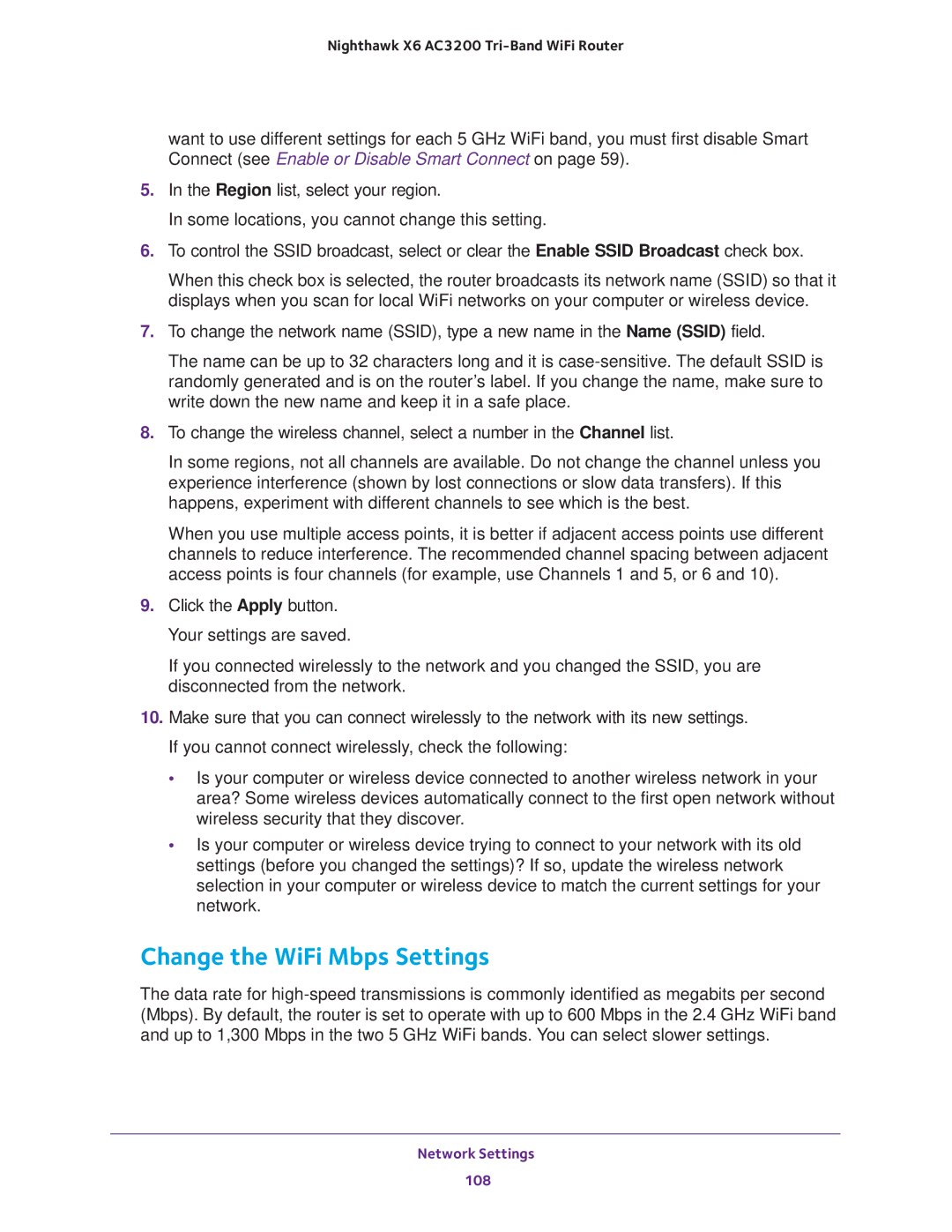 NETGEAR R8000 user manual Change the WiFi Mbps Settings 