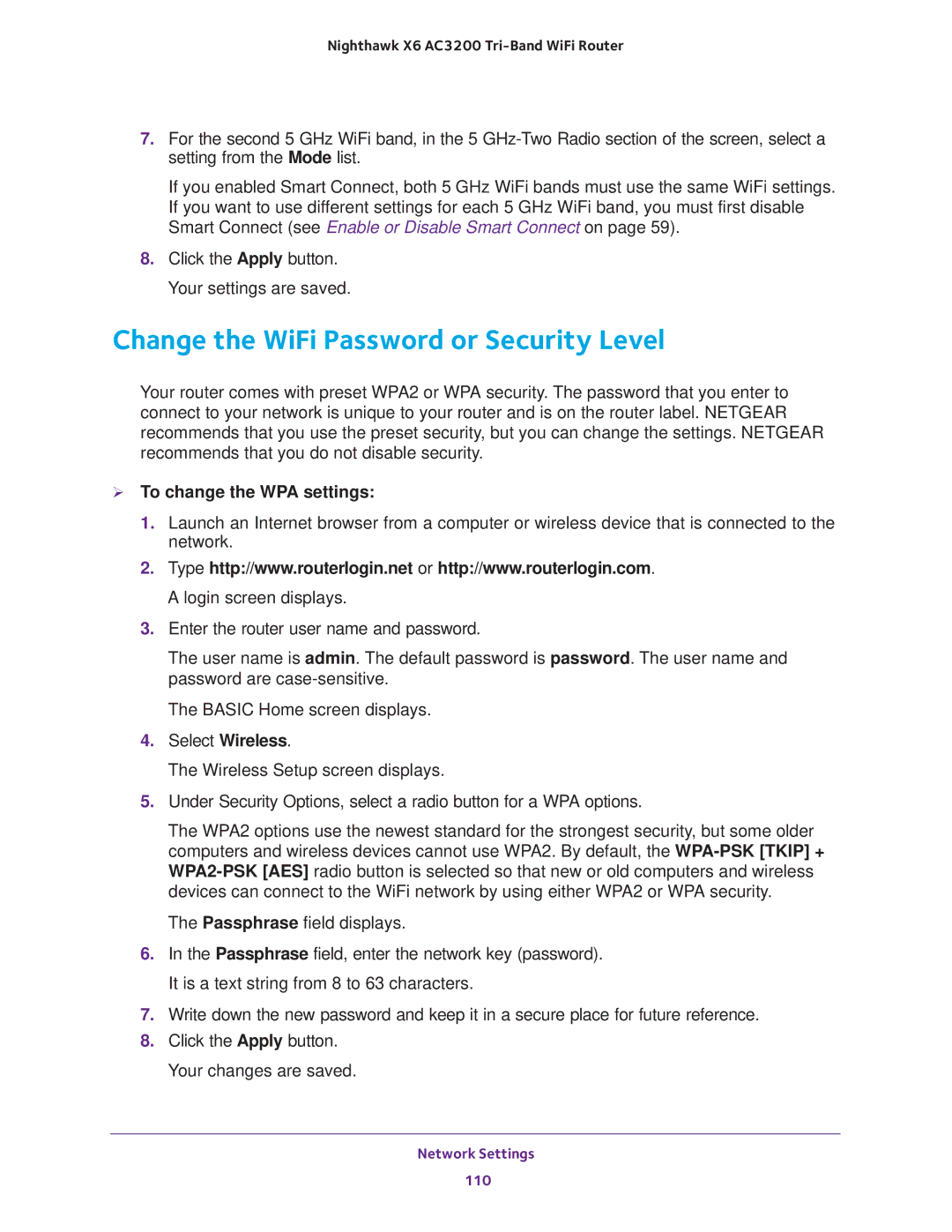 NETGEAR R8000 user manual Change the WiFi Password or Security Level,  To change the WPA settings 