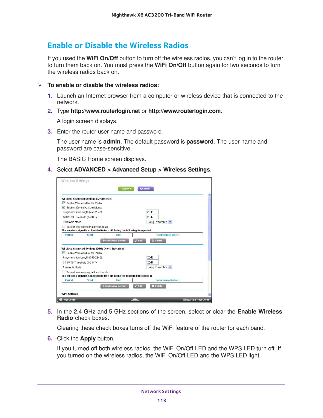 NETGEAR R8000 user manual Enable or Disable the Wireless Radios,  To enable or disable the wireless radios 