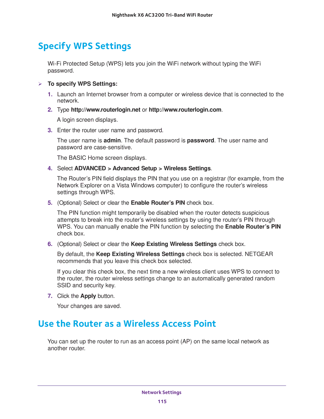 NETGEAR R8000 user manual Specify WPS Settings, Use the Router as a Wireless Access Point,  To specify WPS Settings 