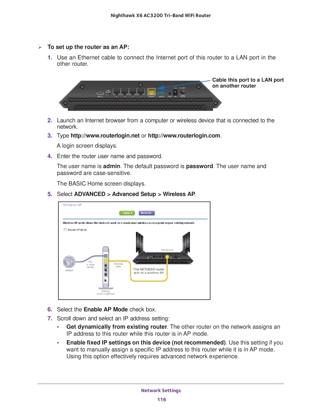 NETGEAR R8000 user manual  To set up the router as an AP, Select Advanced Advanced Setup Wireless AP 