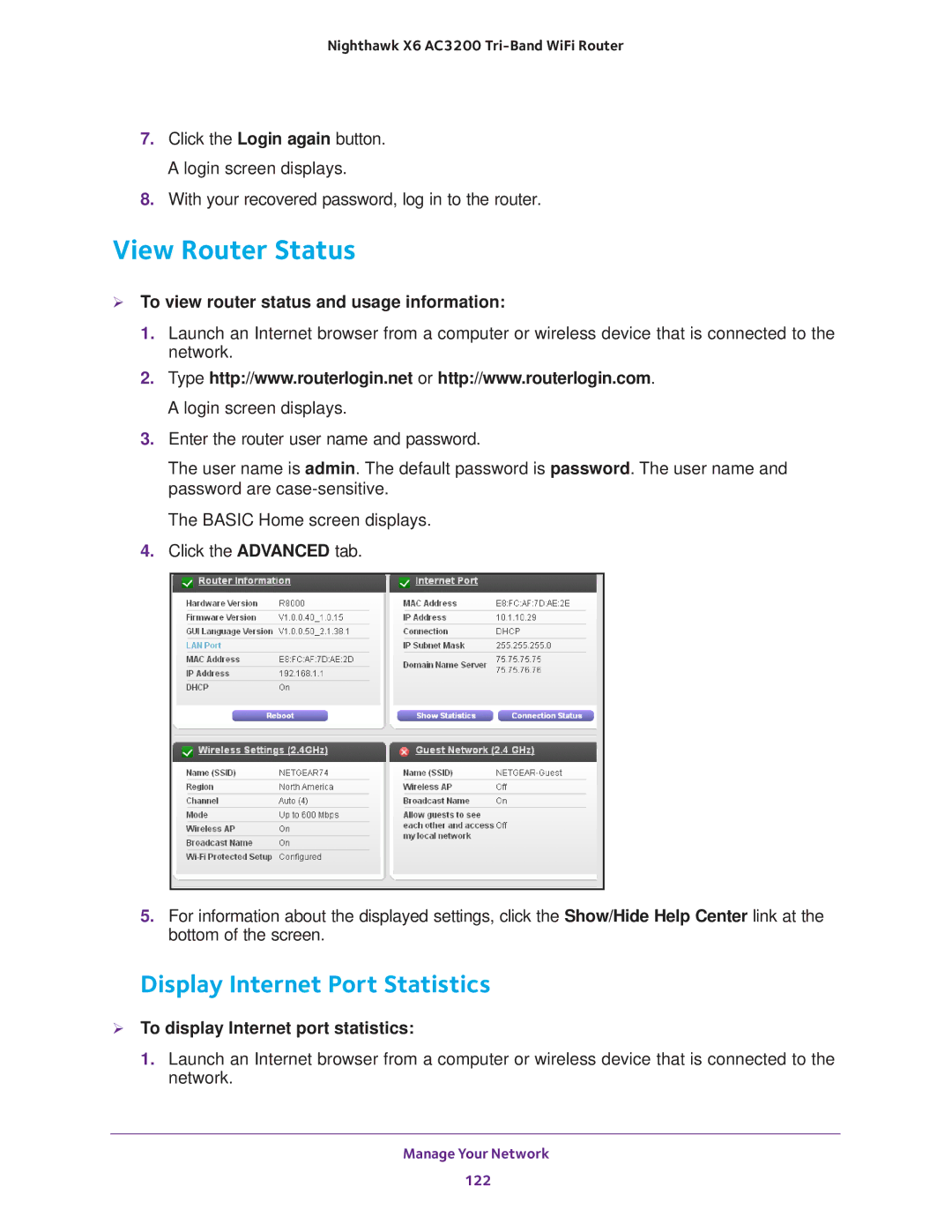 NETGEAR R8000 View Router Status, Display Internet Port Statistics,  To view router status and usage information 