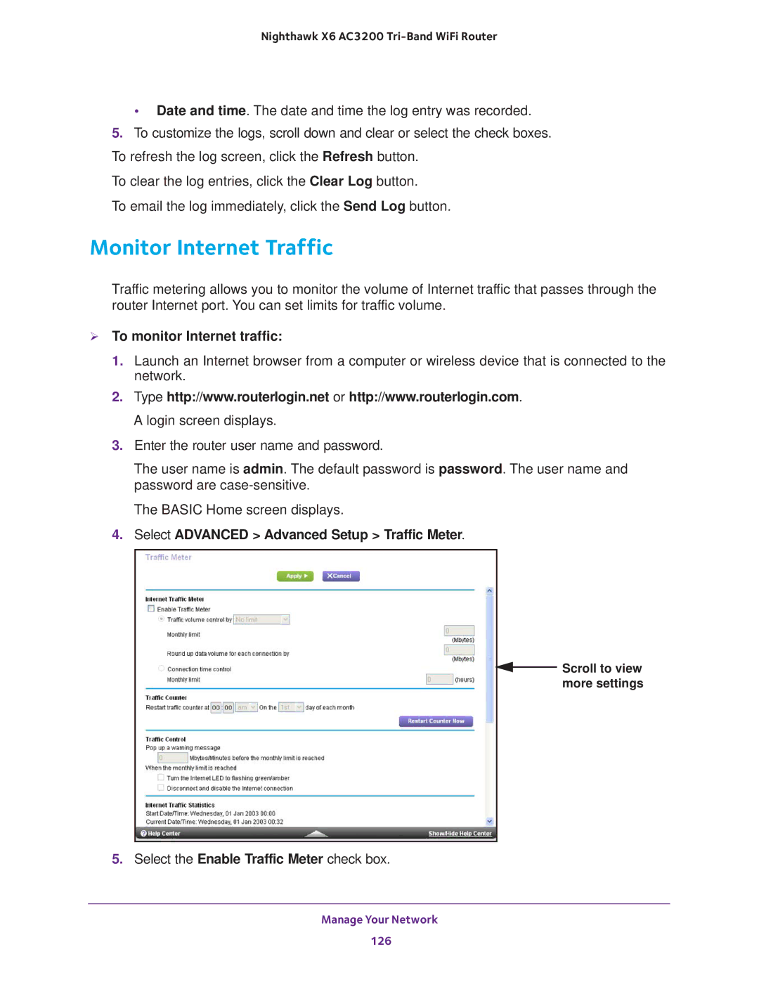 NETGEAR R8000 Monitor Internet Traffic,  To monitor Internet traffic, Select Advanced Advanced Setup Traffic Meter 