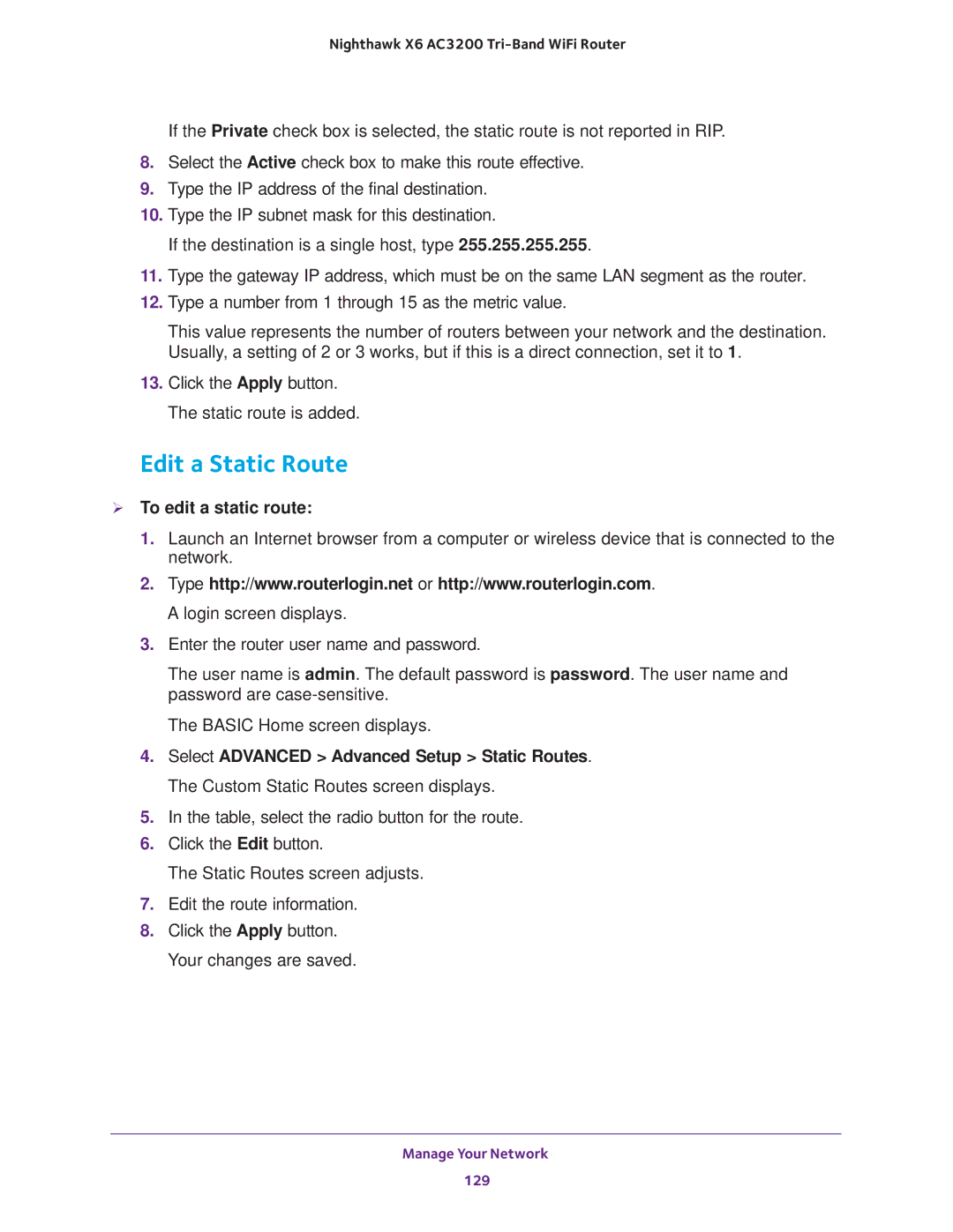 NETGEAR R8000 user manual Edit a Static Route,  To edit a static route 