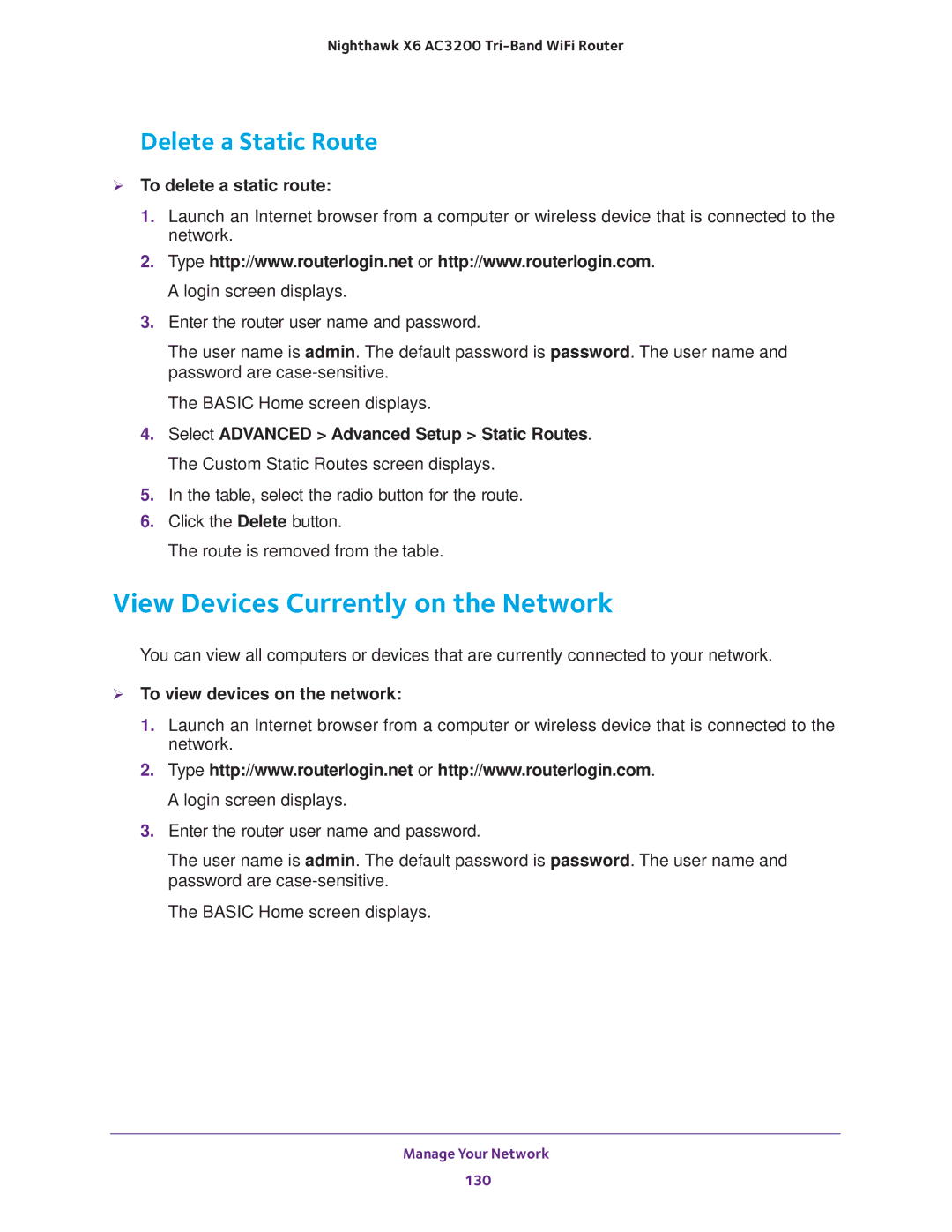 NETGEAR R8000 user manual View Devices Currently on the Network, Delete a Static Route,  To delete a static route 