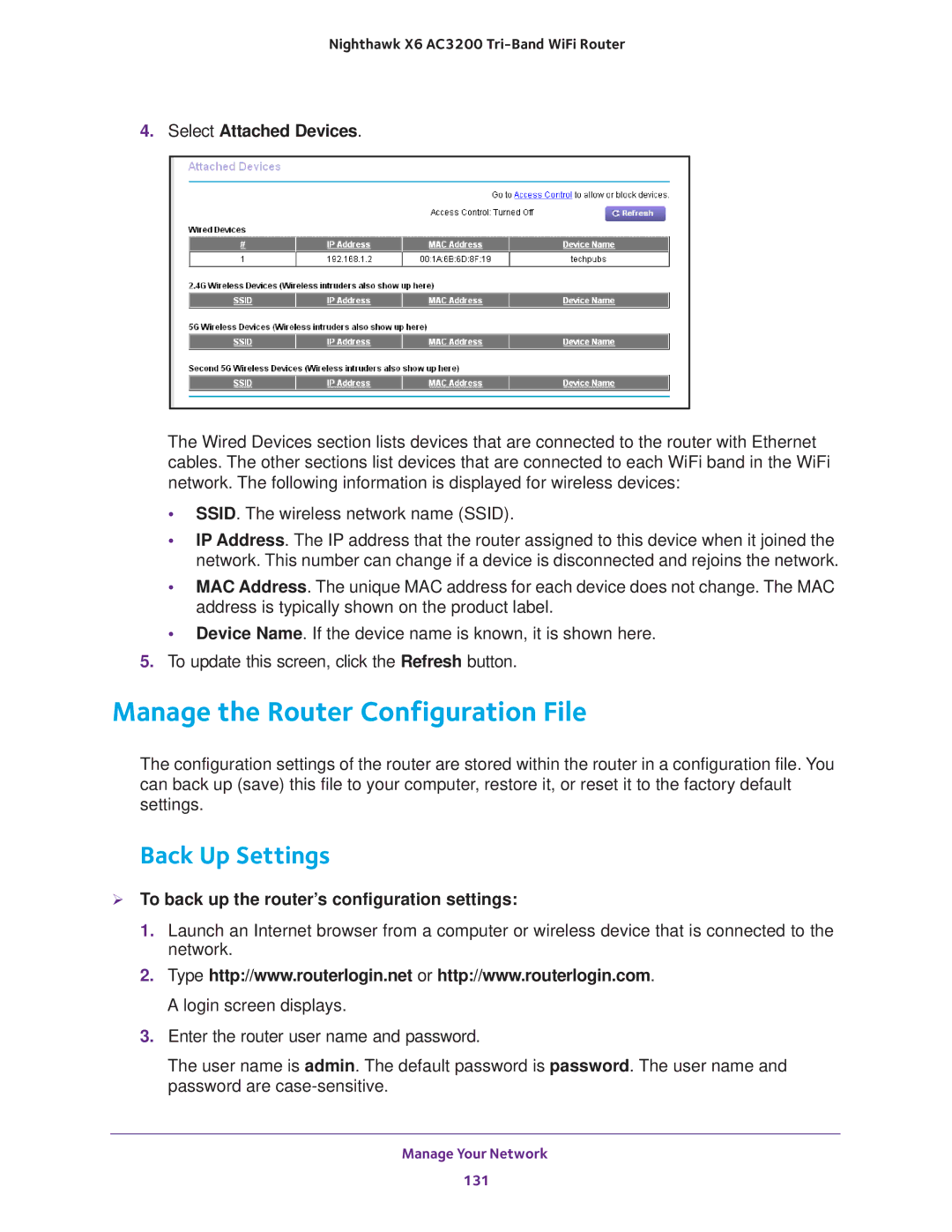 NETGEAR R8000 user manual Manage the Router Configuration File, Back Up Settings, Select Attached Devices 