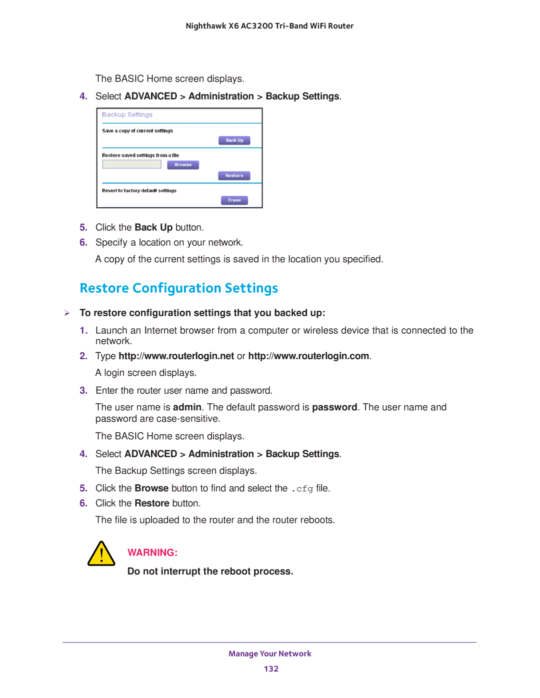 NETGEAR R8000 user manual Restore Configuration Settings, Select Advanced Administration Backup Settings 