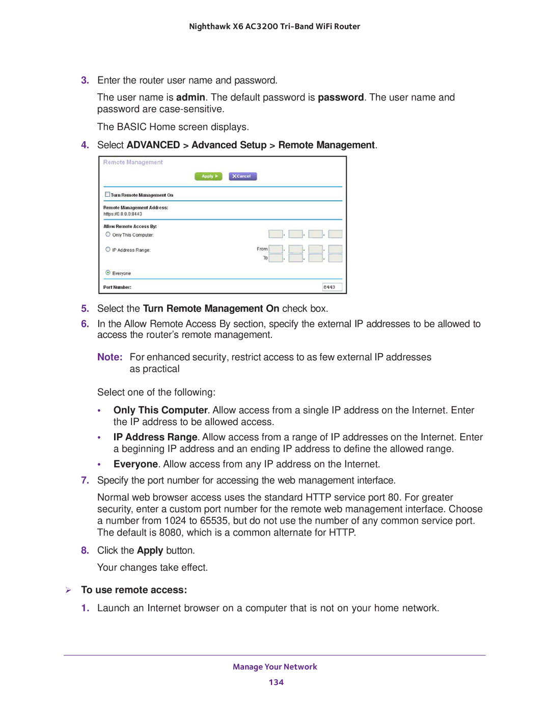 NETGEAR R8000 user manual  To use remote access 