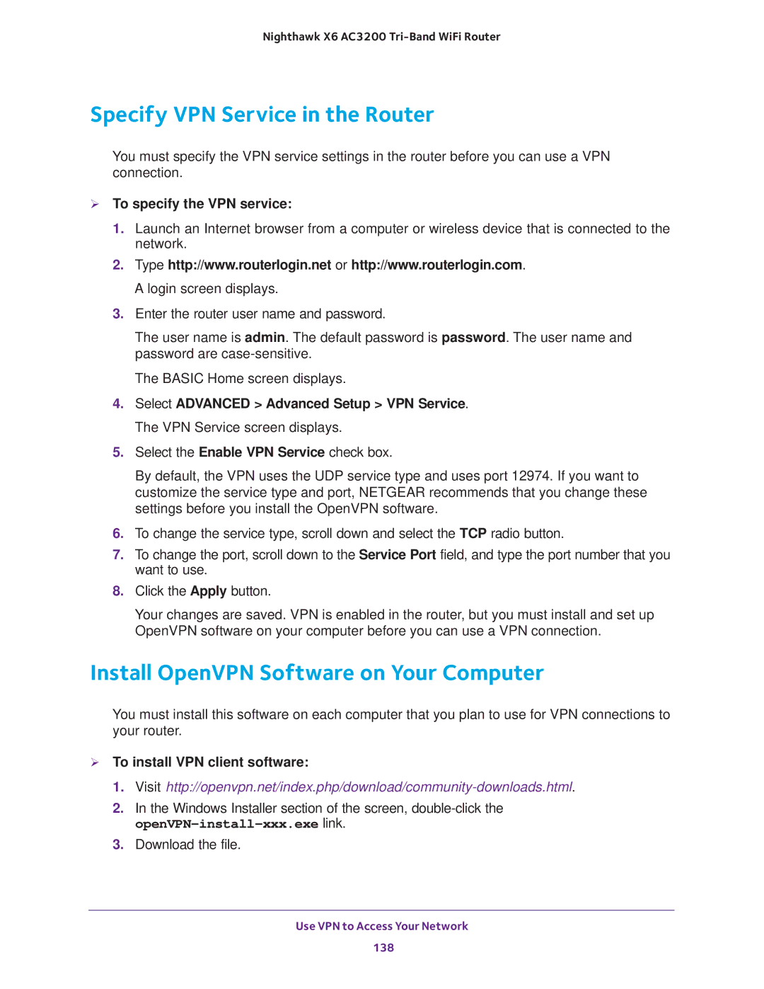 NETGEAR R8000 Specify VPN Service in the Router, Install OpenVPN Software on Your Computer,  To specify the VPN service 