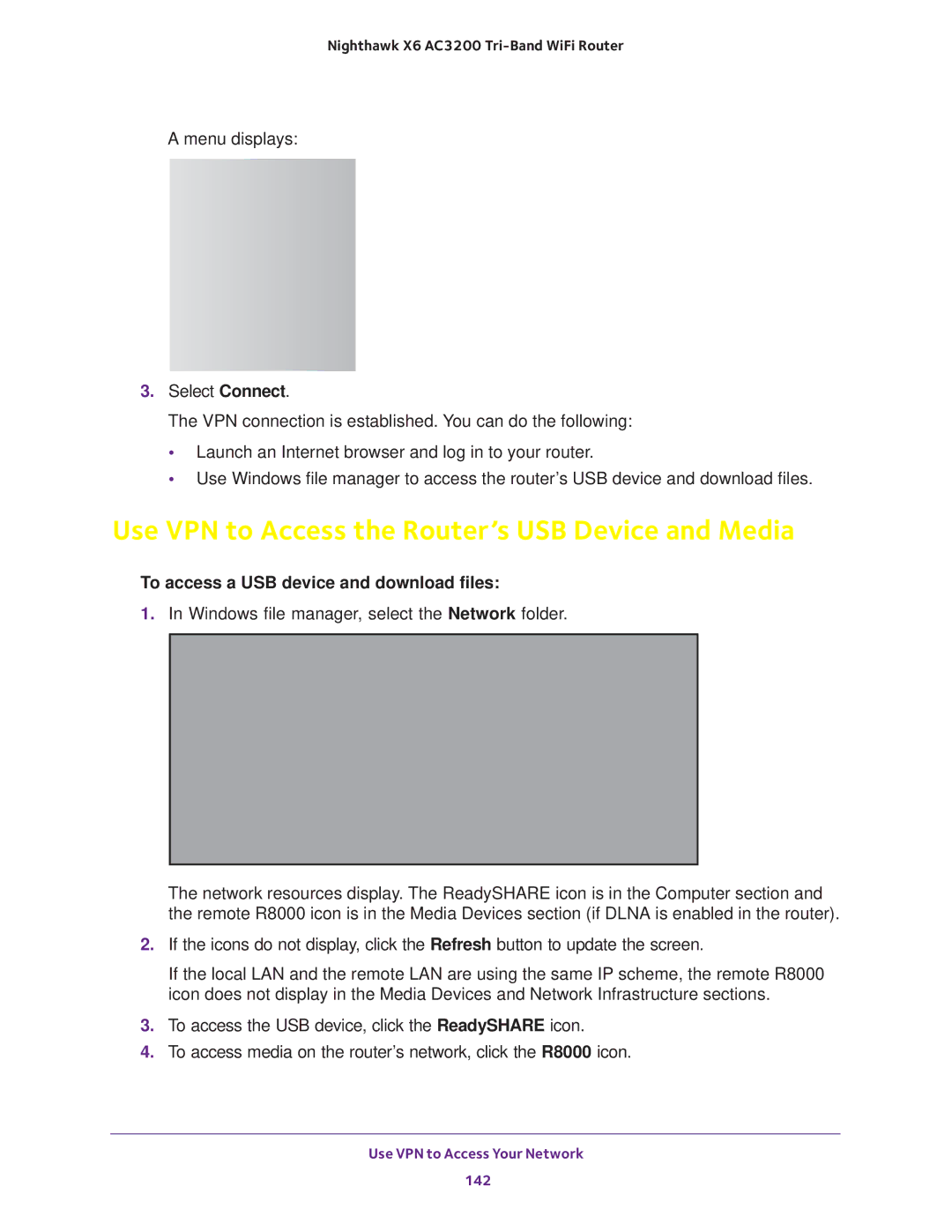 NETGEAR R8000 user manual Use VPN to Access the Router’s USB Device and Media,  To access a USB device and download files 