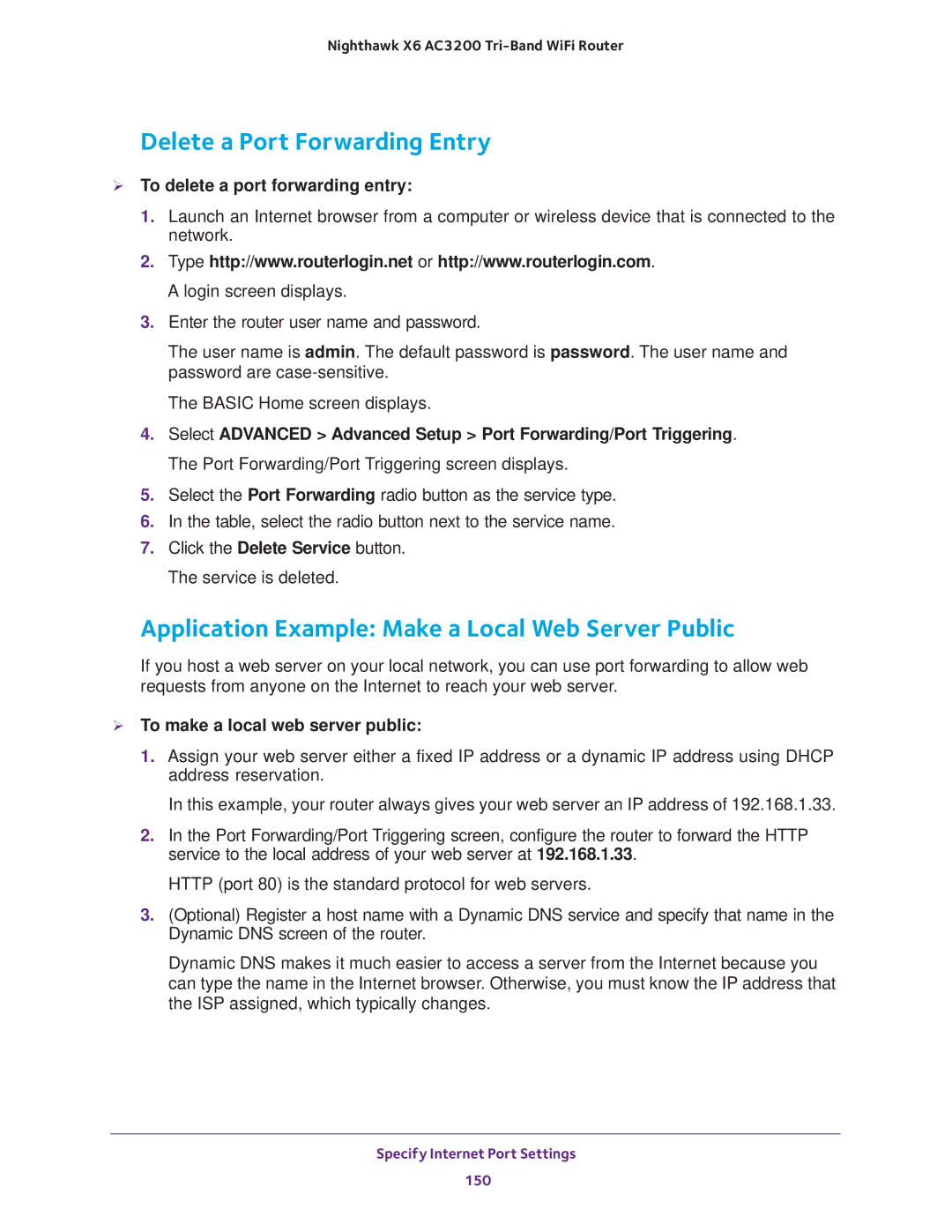 NETGEAR R8000 user manual Delete a Port Forwarding Entry, Application Example Make a Local Web Server Public 