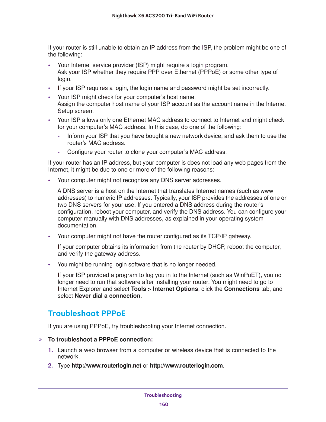 NETGEAR R8000 user manual Troubleshoot PPPoE,  To troubleshoot a PPPoE connection 