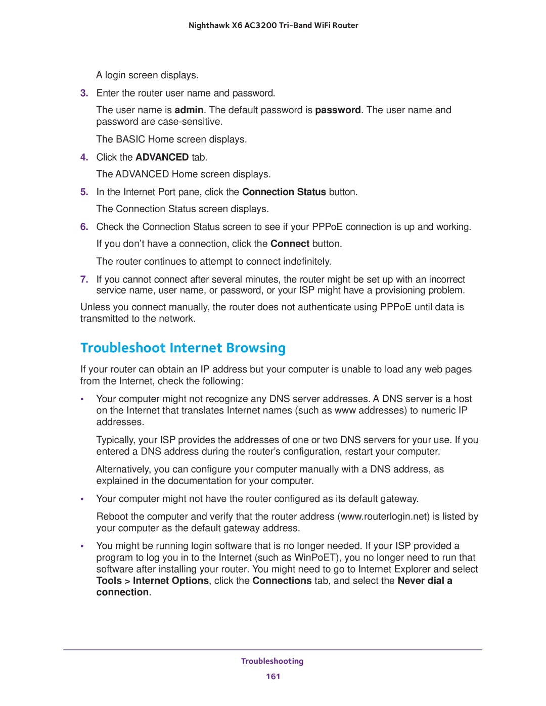 NETGEAR R8000 user manual Troubleshoot Internet Browsing 