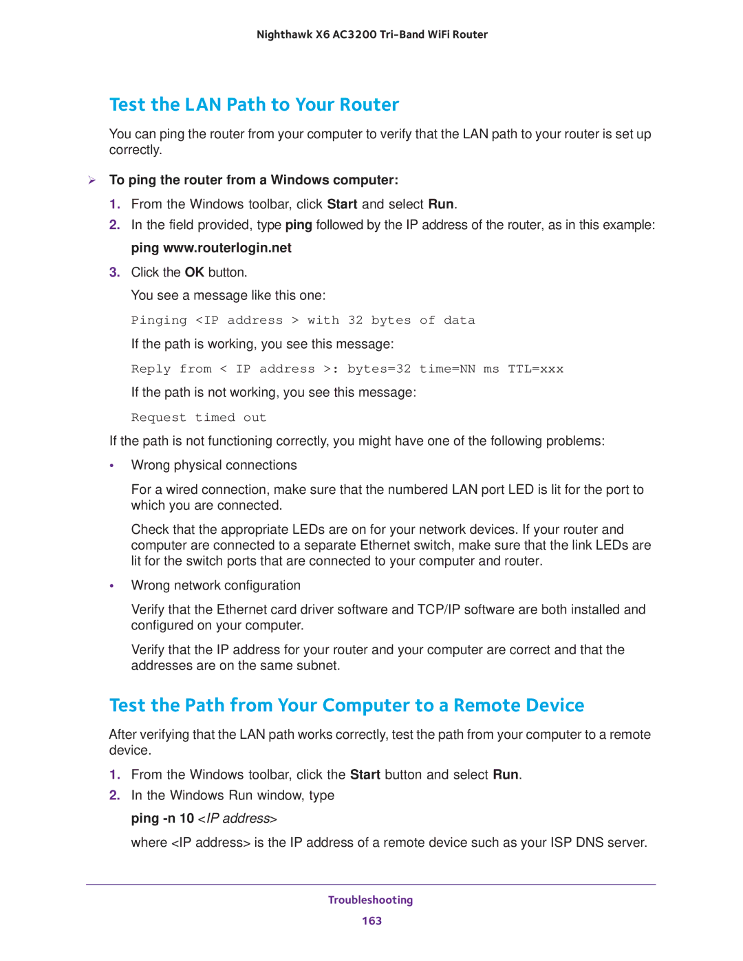 NETGEAR R8000 user manual Test the LAN Path to Your Router, Test the Path from Your Computer to a Remote Device 