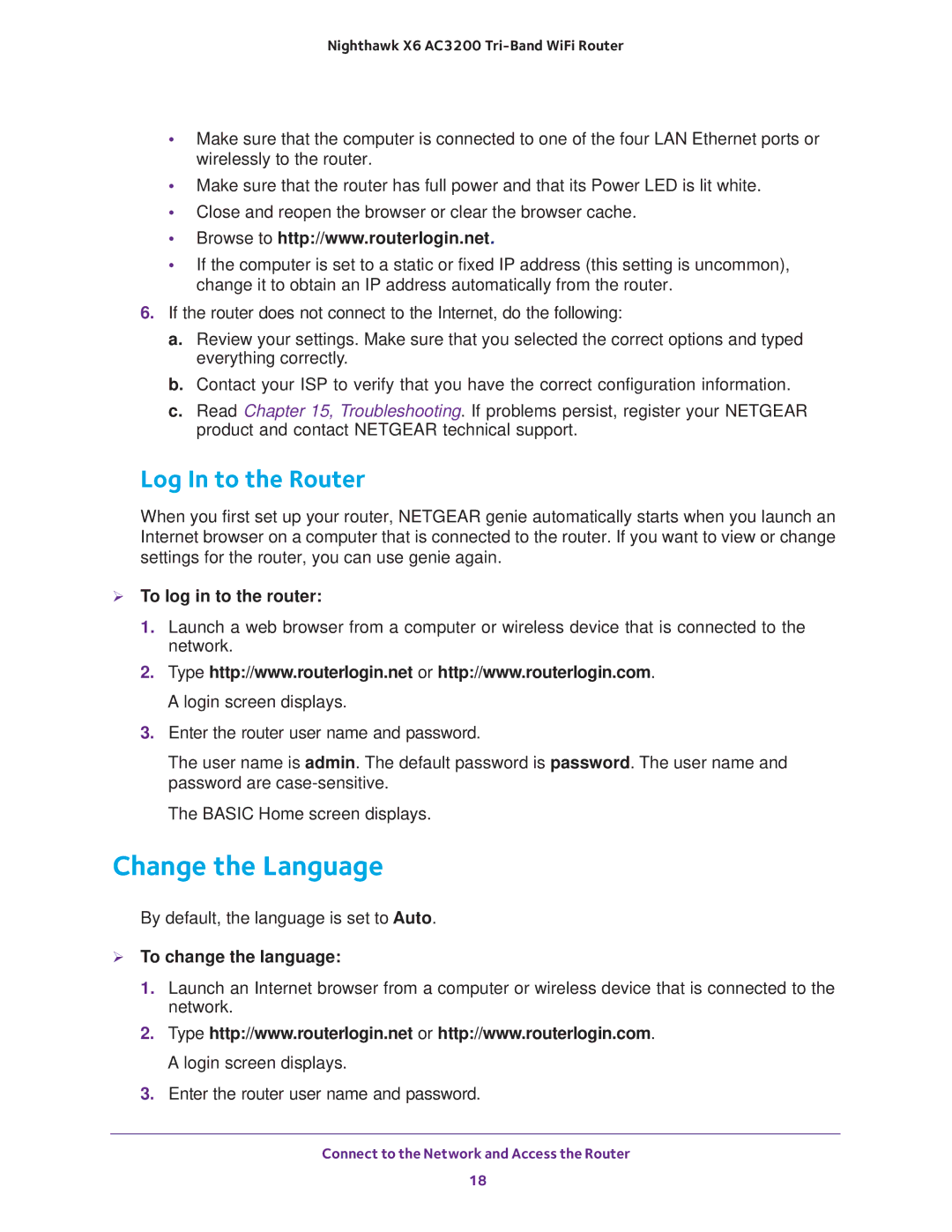 NETGEAR R8000 user manual Change the Language, Log In to the Router,  To log in to the router,  To change the language 