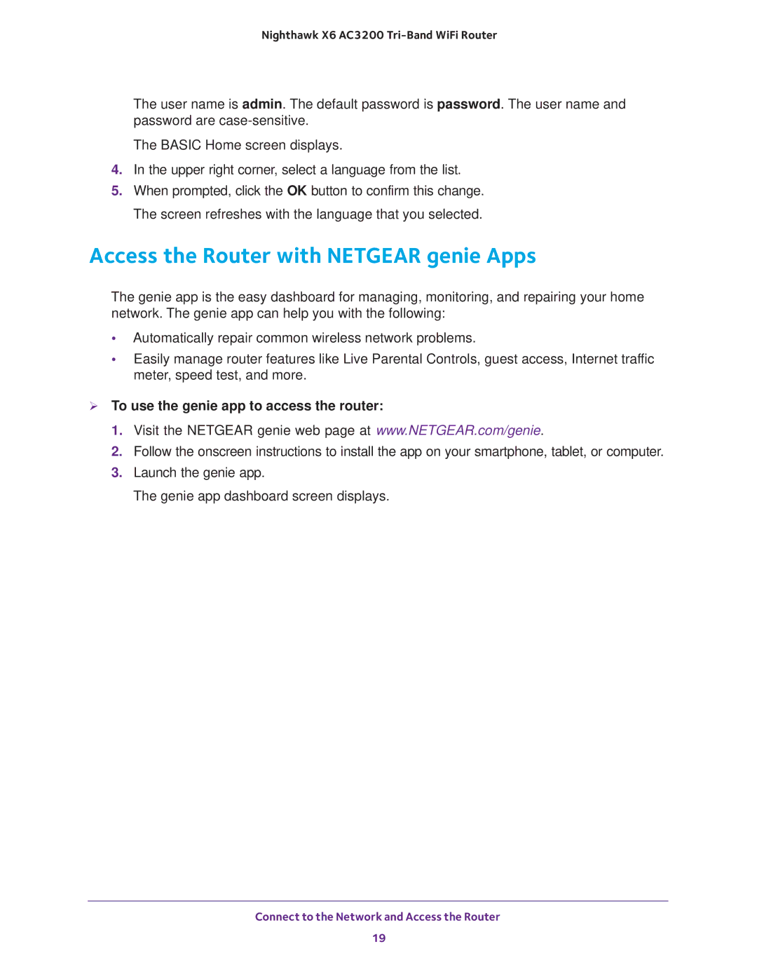 NETGEAR R8000 user manual Access the Router with Netgear genie Apps,  To use the genie app to access the router 