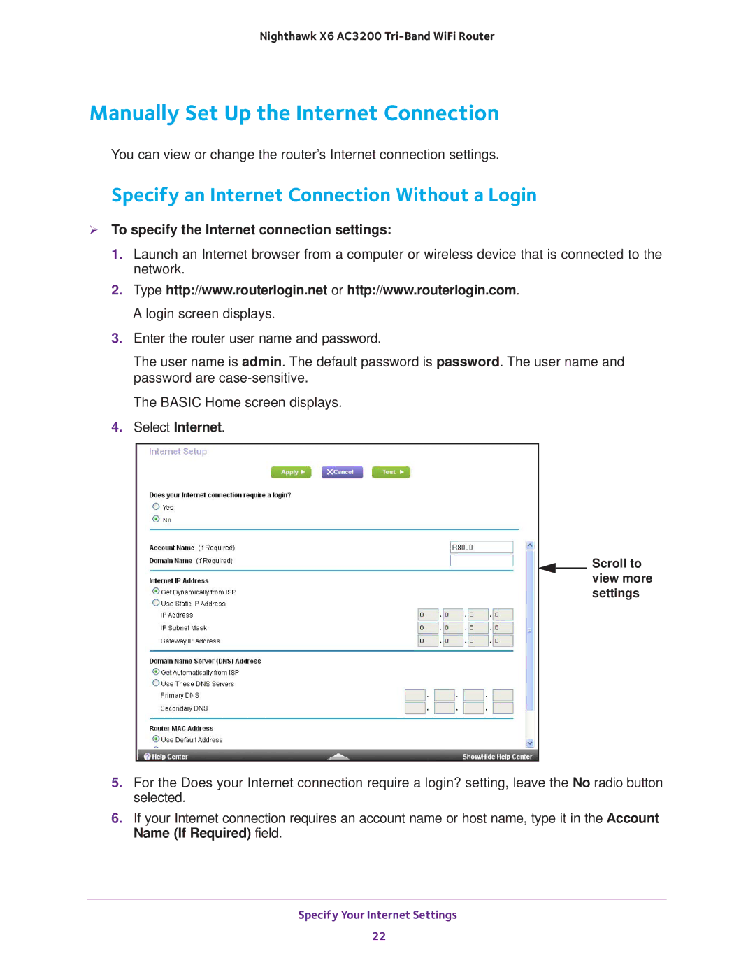 NETGEAR R8000 user manual Manually Set Up the Internet Connection, Specify an Internet Connection Without a Login 